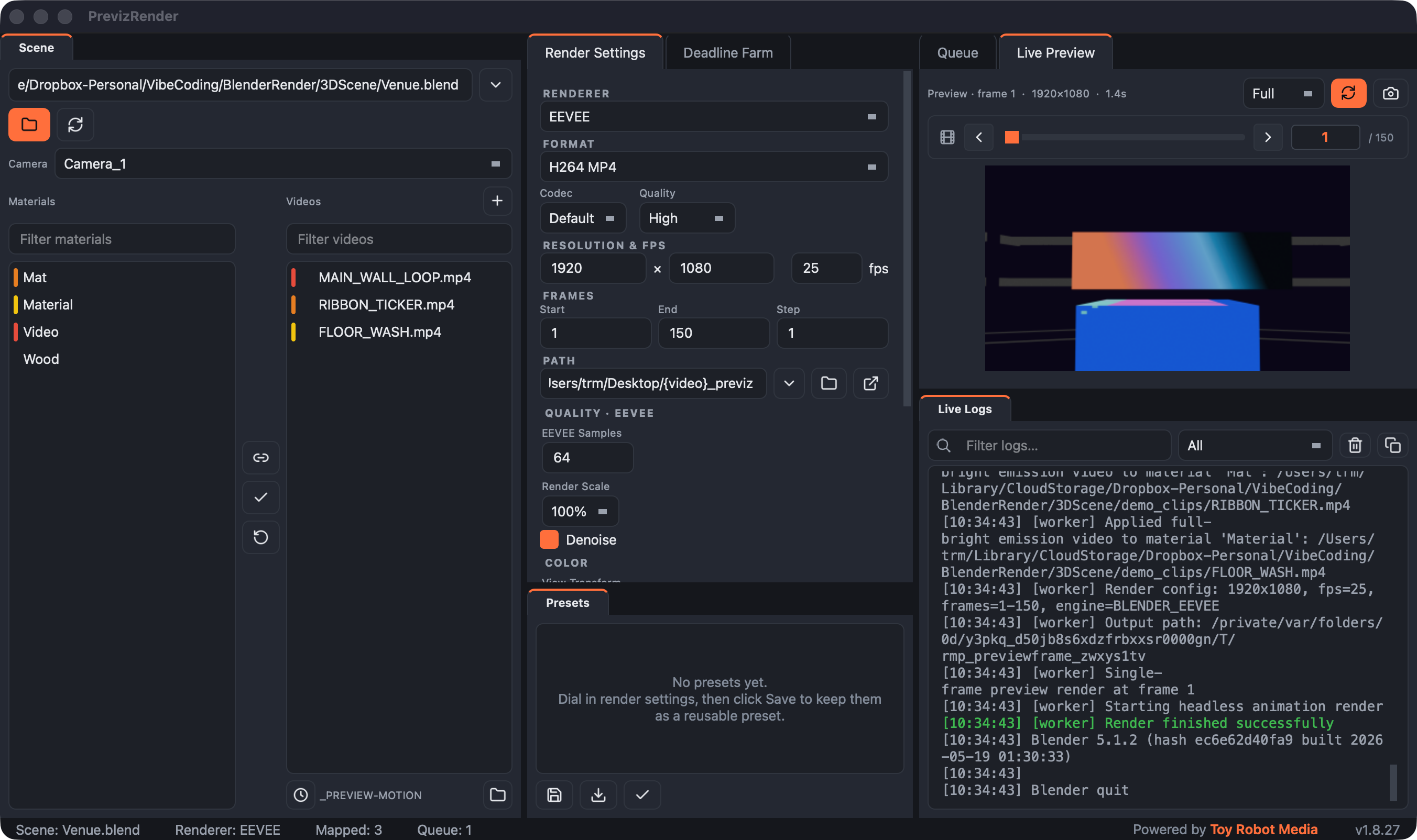 PrevizRender — scene, clips, and render queue with a live preview